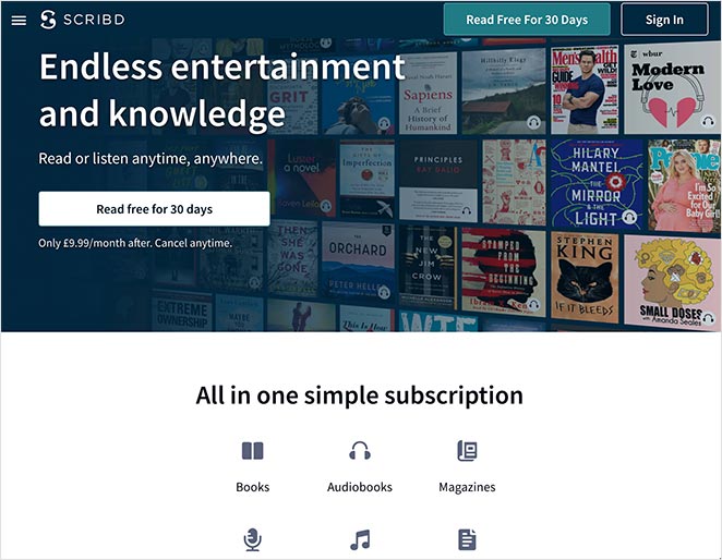 Exemple de page d'atterrissage instagram pour Scribd