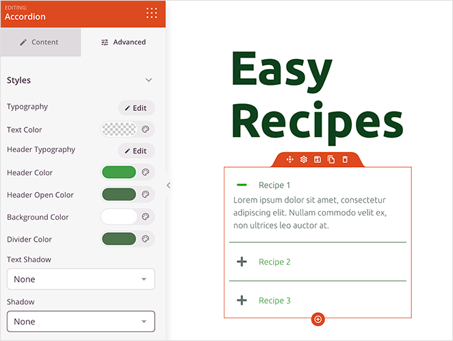 SeedProd accordion block customization options