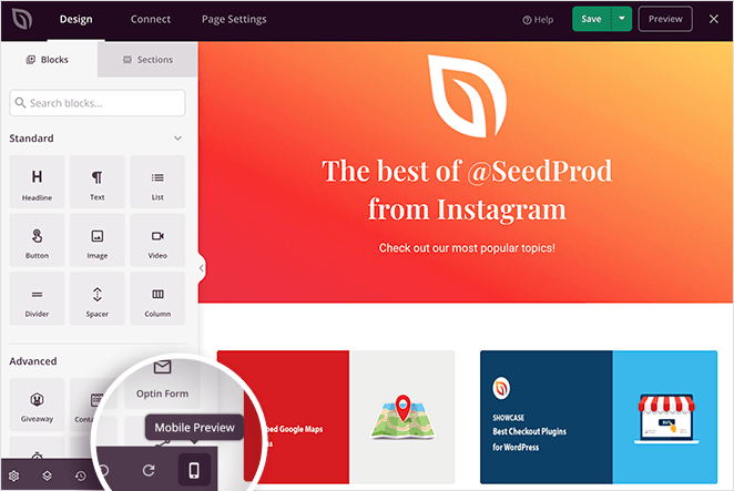 SeedProd live mobile preview setting