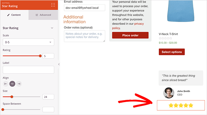 SeedProd star rating block and customization settings