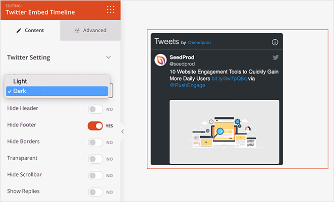 Twitter Embed Timeline block dark mode