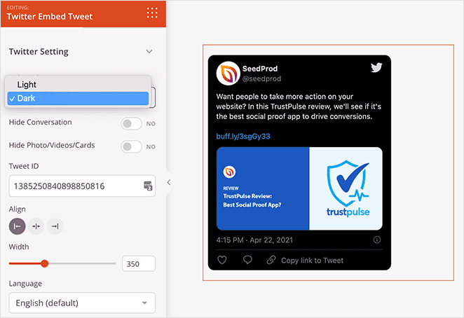 twitter-embed-tweet-block-dark-theme - SeedProd SeedProd Twitter WordPress plugin
