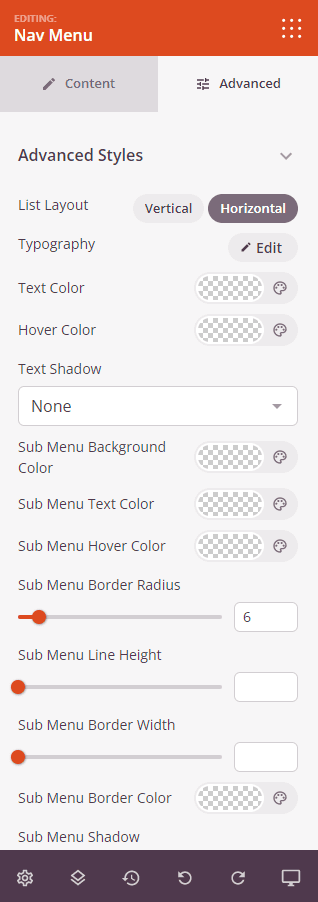 Nav Menu Advanced tab