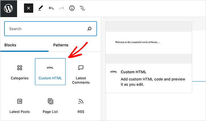 Add the custom HTML WordPress block