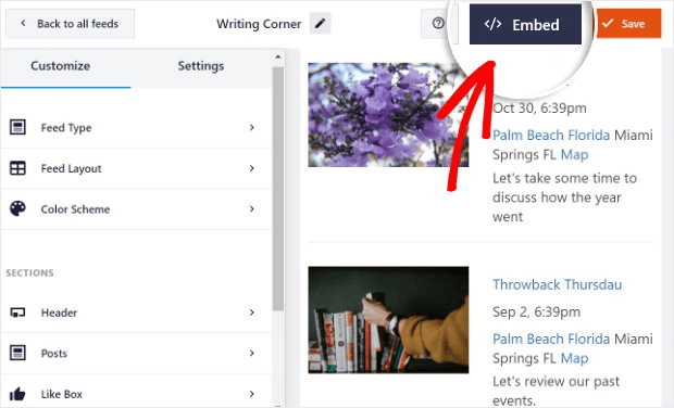 Click on the embed facebook event feed button