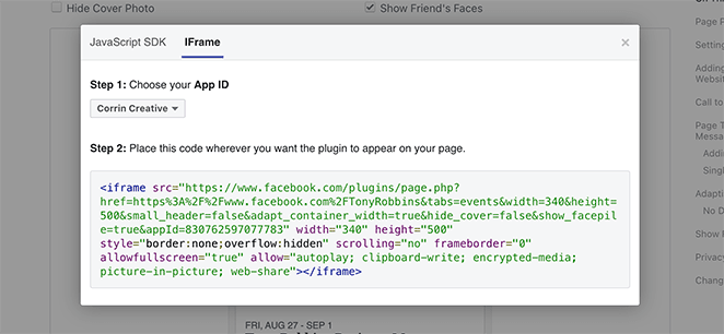 Copy the Facebook events IFrame embed code