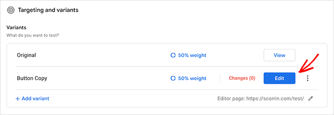 Edit your variant in Google Optimize