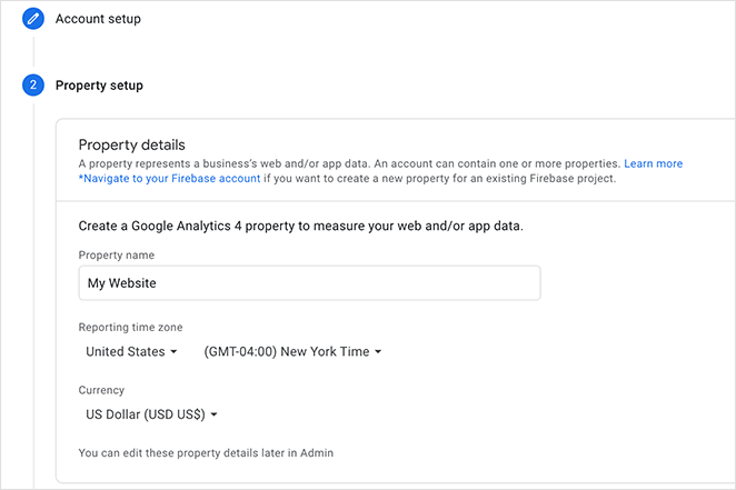Enter your property details for Google Analytics