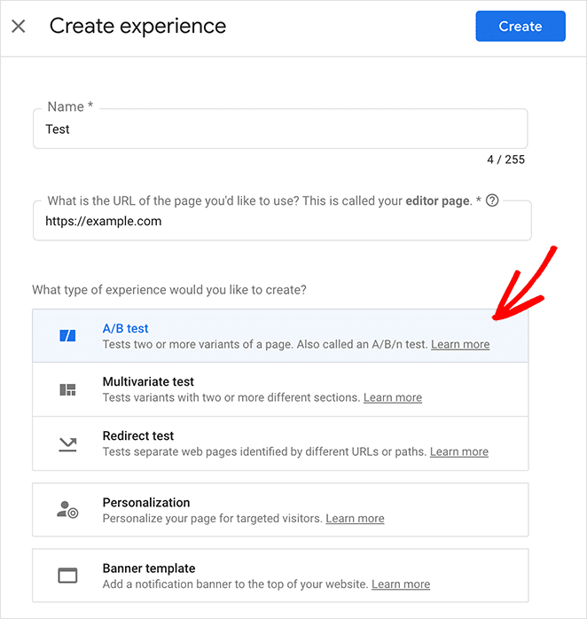 Create an AB test experience in Google Optimize