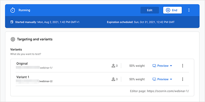 google-optimize-test-running - SeedProd Google optimize running test