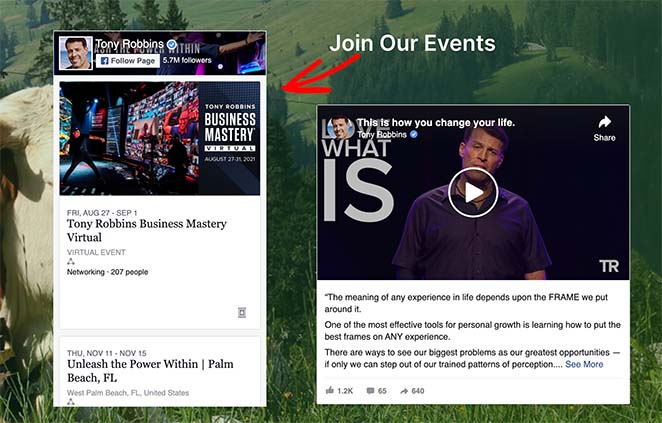 embed facebook events on WordPress landing page example