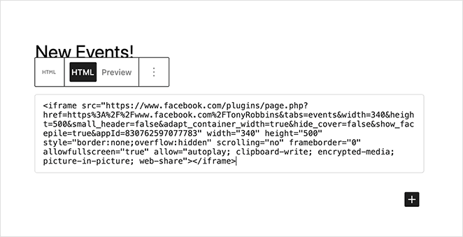 Paste the Facebook Page Events embed code