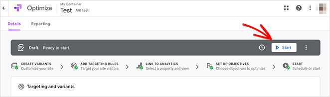start-google-optimize-experiment - SeedProd Start your google optimize ab testing experiment