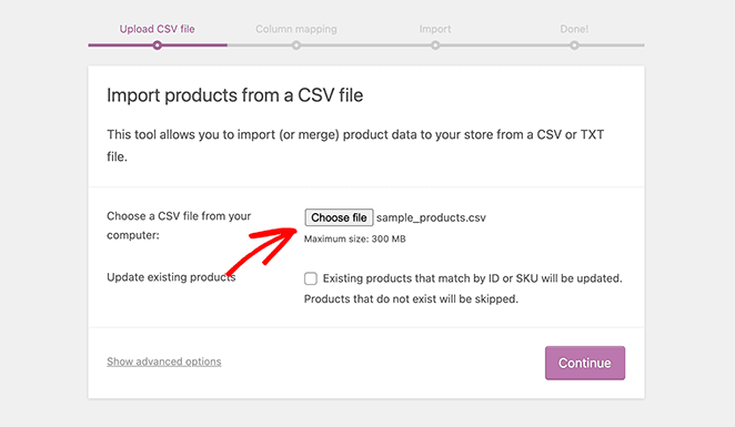 upload your products csv file