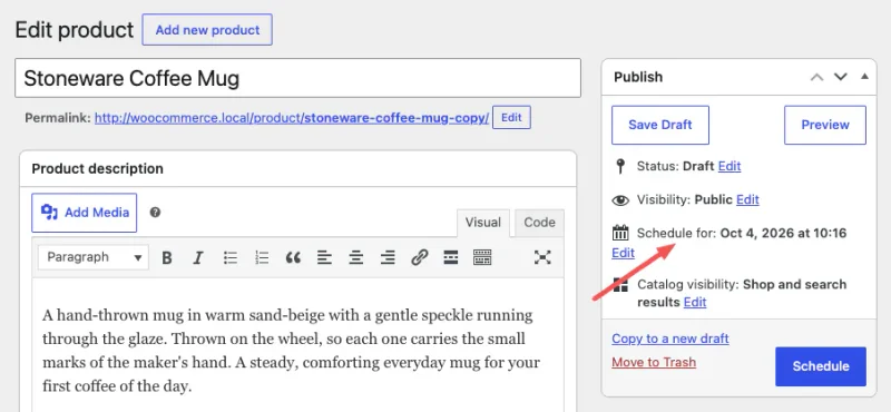 商品の公開をスケジュール - SeedProd WooCommerce の商品を特定の日時に公開するようにスケジュールする