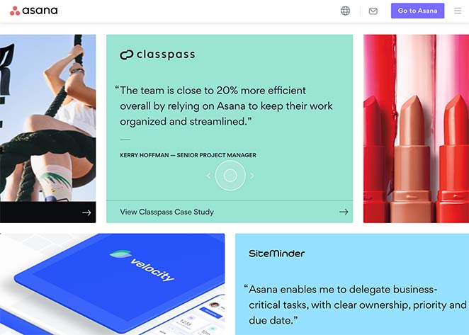 Asana landing page case studies