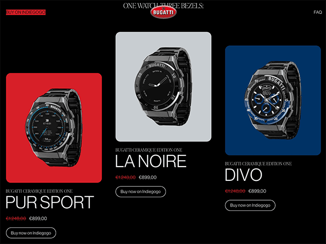 Site web d'une page pour les smartwatches Bugatti