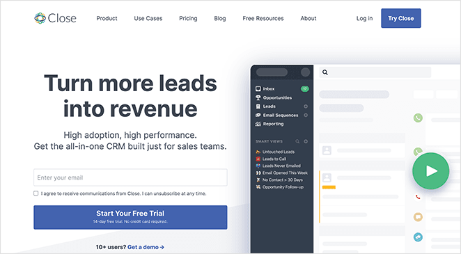 Close SaaS landing page example