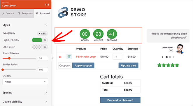 Customize woocommerce cart page countdown timer