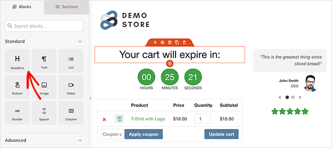 Add the headline block to your woocommerce cart page