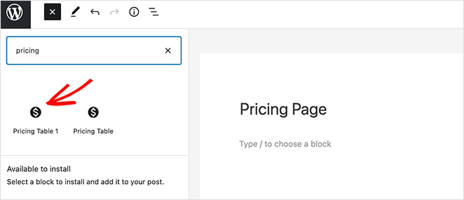 Choose the easy pricing tables WordPress gutenburg block