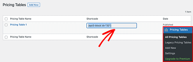 Copy the easy pricing tables shortcode