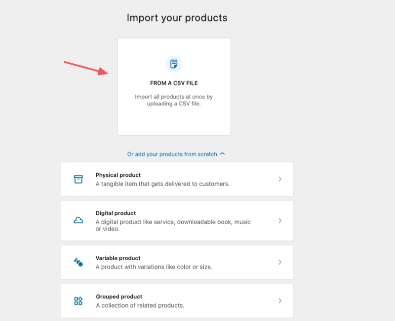 Selecting the option to import Woo products via CSV