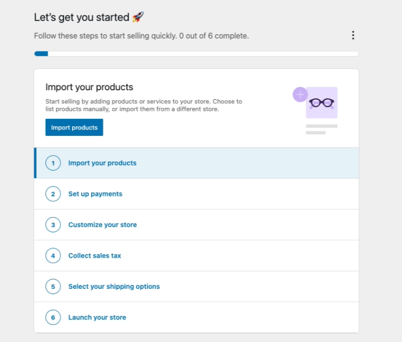 Woo setup screen showing import your products option