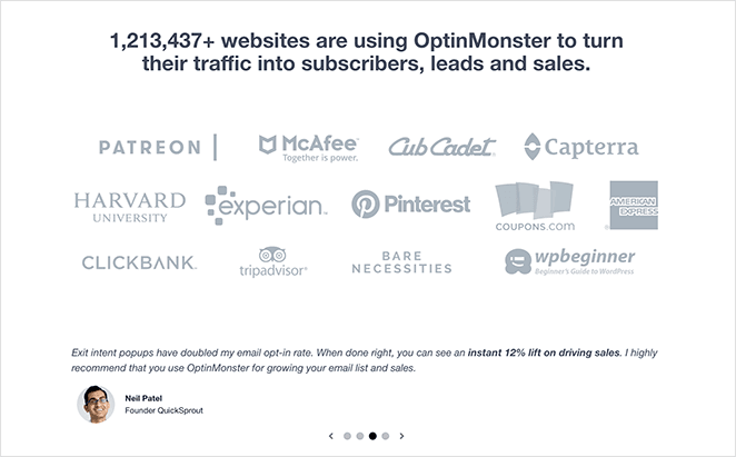 OptinMonster Saas landing page testimonials example