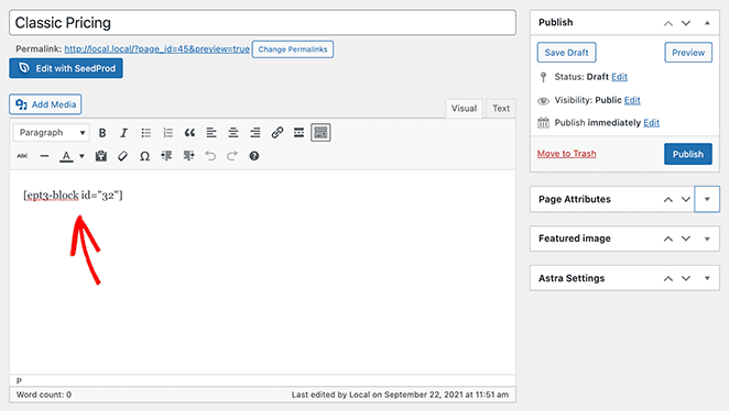 Collez le shortcode easy pricing tables dans l'éditeur WordPress classique