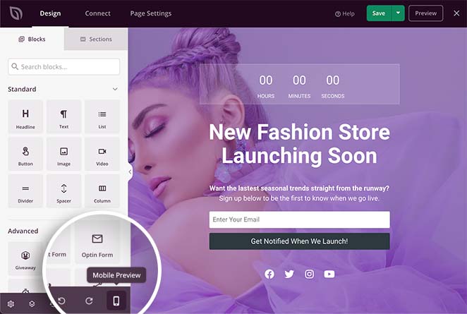 Prévisualisez votre page woocommerce coming soon sur mobile