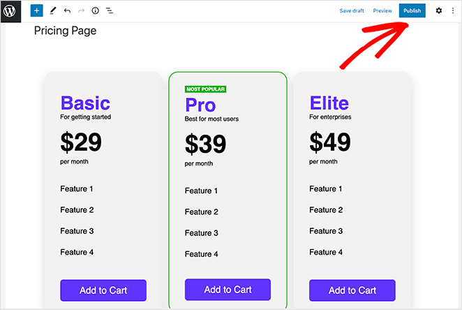 Publish your vertical pricing table in WordPress