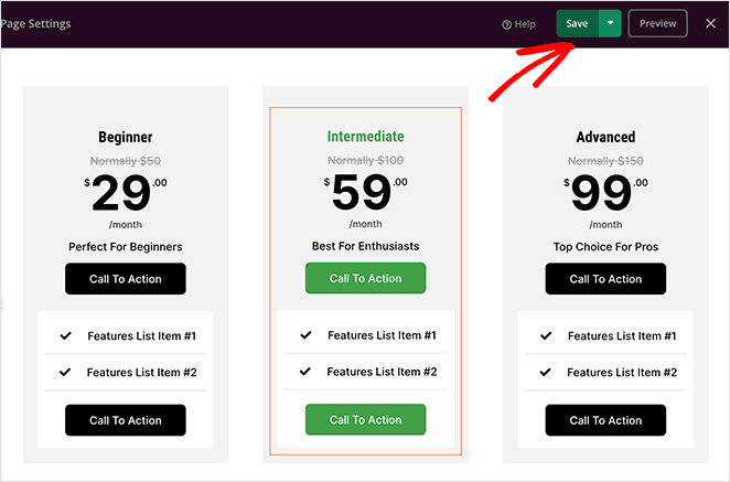 Save your pricing page changes