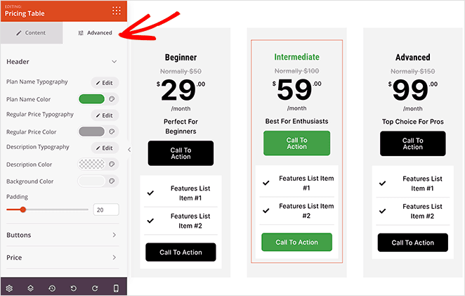 SeedProd pricing table advanced settings