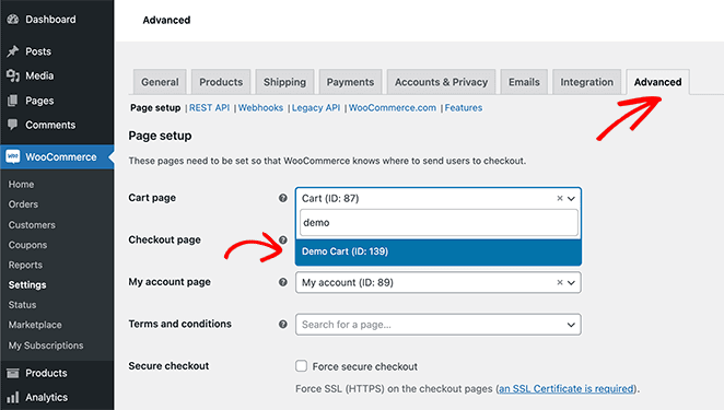 enable your custom woocommerce cart page in WooCommerce advanced settings