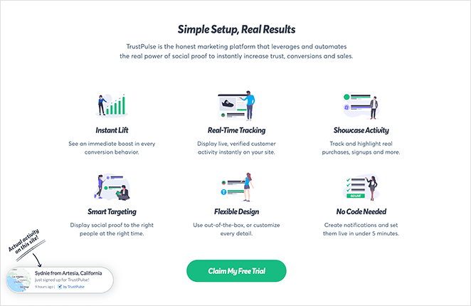 TrustPulse SaaS landing page features