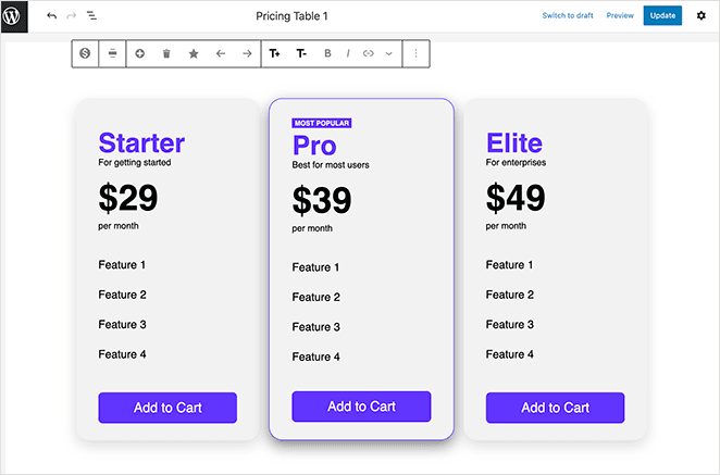 Launch your vertical pricing table WordPress design