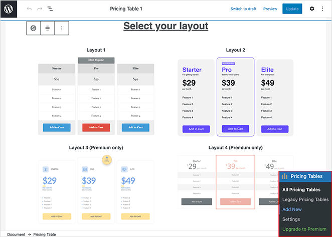 Choisir un modèle WordPress de tableau de prix vertical