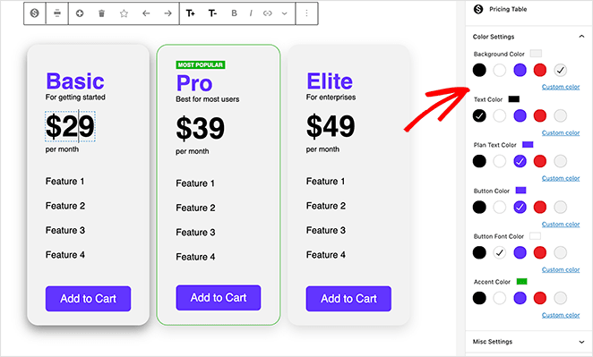 Change your pricing table colors