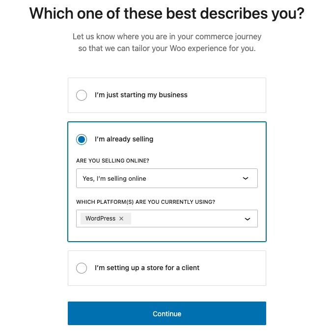 Woo setup wizard with selling online and WordPress platform selected
