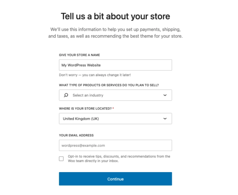 Woo setup wizard screen to enter store details including name, industry, location, and email