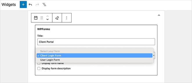 Choose the client login form from the widget dropdown menu