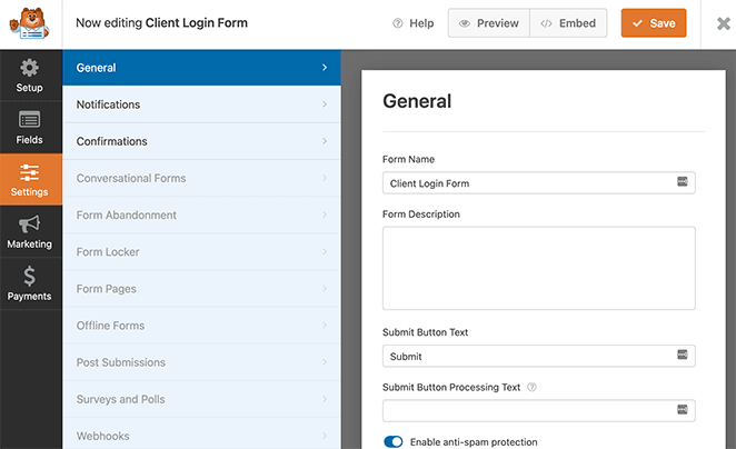 Client login form general settings