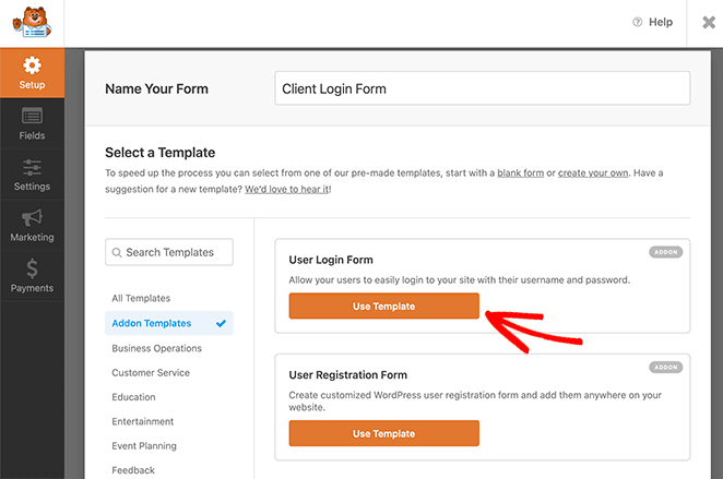 Choose the user login form template