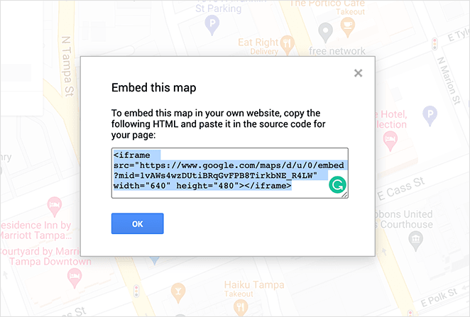 Copy the google maps embed code