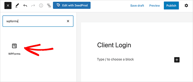 Add the WPForms login form block to a page in WordPress