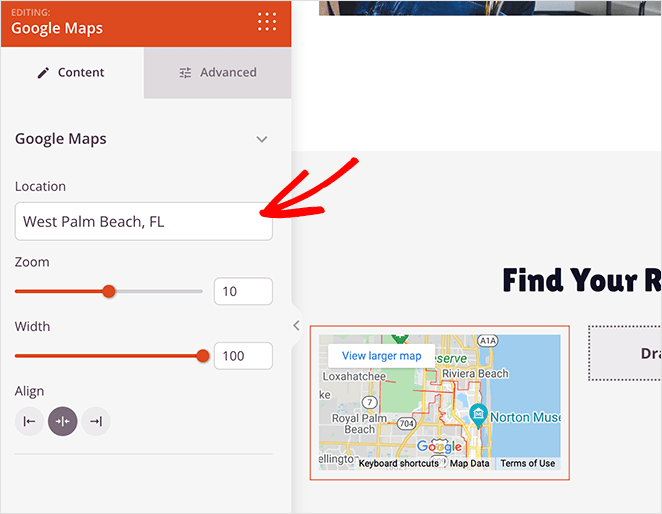Add your Google Maps location in the block settings panel
