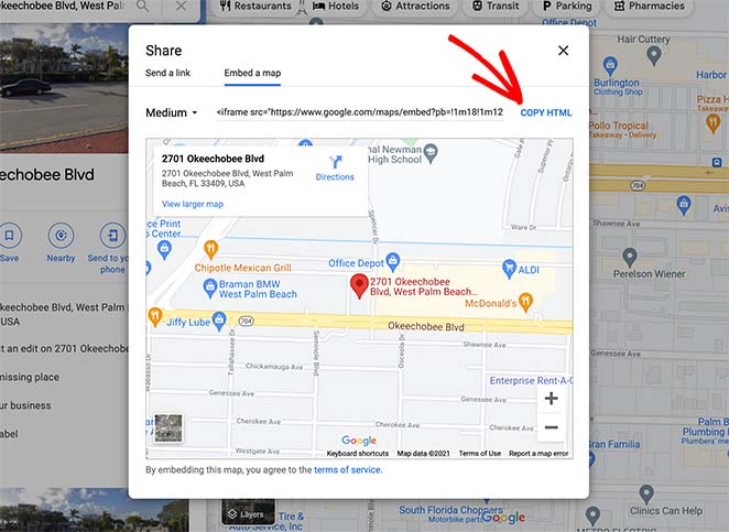 Copy the google maps embed code