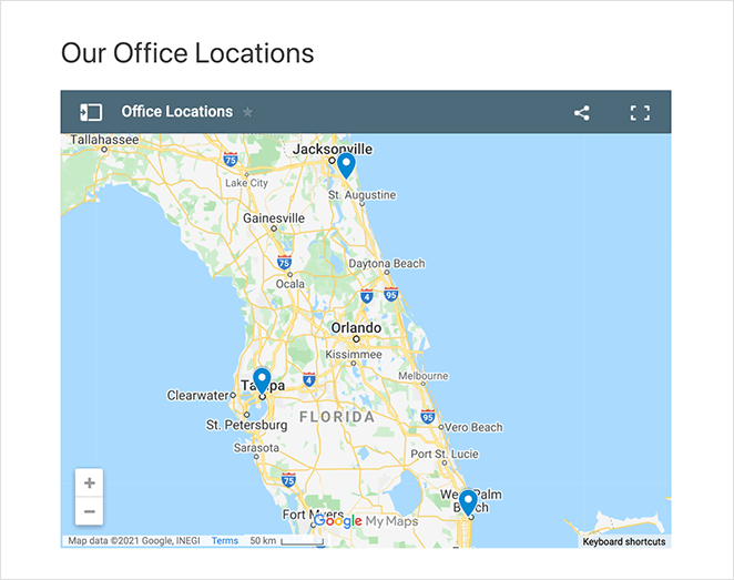 google-maps-multiple-locations-WordPress - SeedProd Google Map with multiple location markers in WordPress