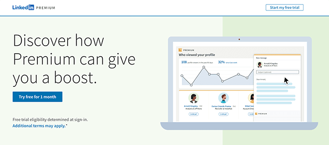 LinkedIn premium free trial landing page example